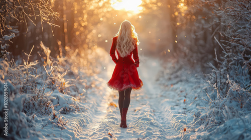 Attractive Snow Maiden gracefully walks through the snowy forest, New Year