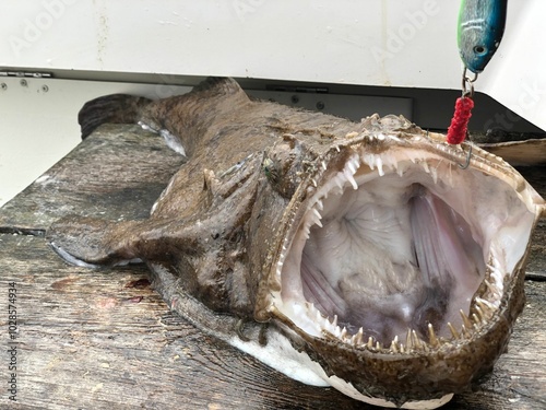 Close-up of a monkfish with an open mouth and fishing lure.