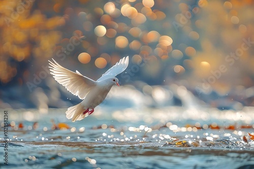 Feast of the Immaculate Conception. A peaceful outdoor scene of a flowing river or lake with a single white dove flying above, symbolizing the Holy Spirit and the Immaculate Conception