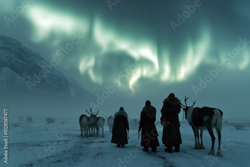 Reindeer herders observing the northern lights in a snowy landscape at dusk