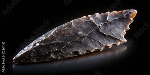 Obsidian stone arrowhead on black background aerial view