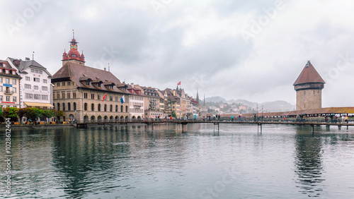 Historic Chapel Bridge and Tower in Lucerne, Switzerland