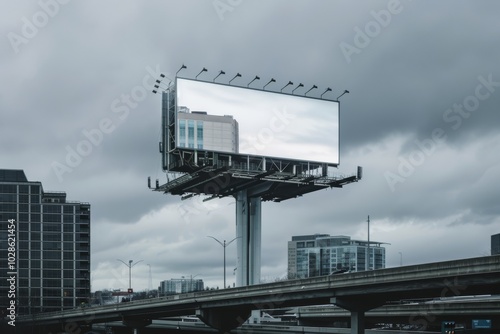 A massive, unlit billboard dominates an overcast urban landscape, creating an imposing yet ambiguous statement against a backdrop of stormy skies.