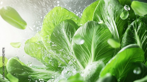 Fresh green bok choy leaves being washed under running water with droplets sparkling in kitchen lights