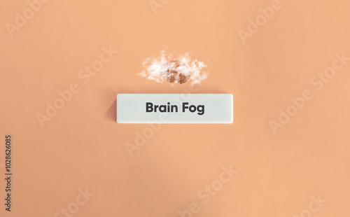 Brain Fog, Mental Health, Human Brain Hidden by Soft Clouds. Text on Block Letter Tiles on Dusty Pink Background.