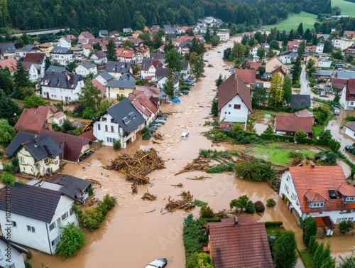 Aerial view of a neighborhood affected by severe flooding, showcasing submerged homes and disrupted landscapes.