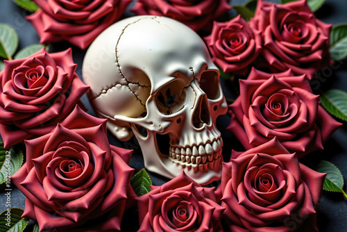 Human skull surrounded by red roses on black background