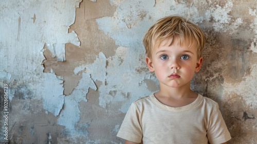 Stock minimalist photograph of a starving little boy with an empty gaze, standing near a wall with peeling paint, with ample negative space and a muted color palette