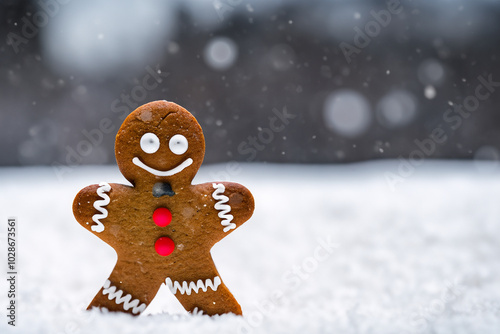 pain d'épice en forme de bonhomme dans un fond enneigé