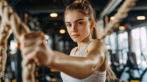 Młoda kobieta w sportowym stroju z energią ciągnie linę podczas intensywnego treningu na siłowni.