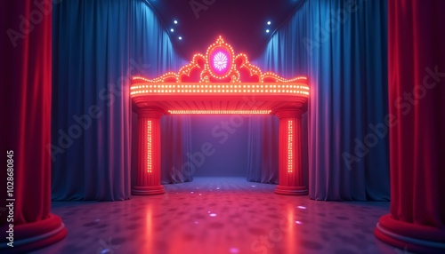  Illuminated theater entrance with ornate lighting in red and blue tones