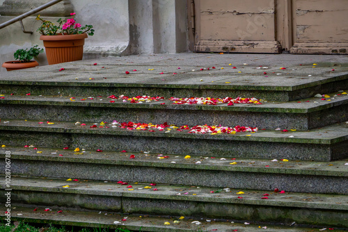 flower petals on the stairs in the church. flower petals in front of the church