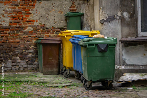 garbage cans standing next to an abandoned ruined building in the city center. chipped, destroyed walls of an old tenement house