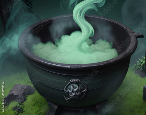  a large pot with a green liquid inside of it on a table with a skull on it and a green smoke coming out of it