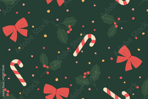 christmas seamless pattern with christmas candy cane, red bows, holly berries and colorful dots; great for wrapping, greeting cards, social media graphics- vector illustration