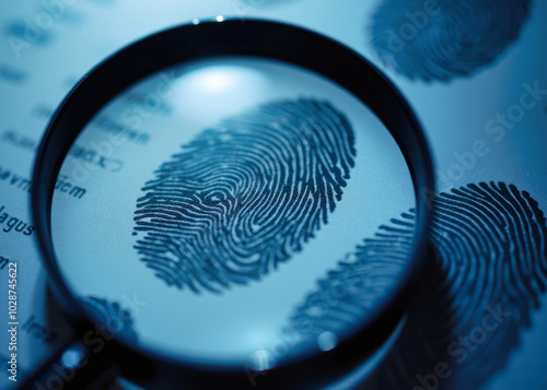 A magnifying glass focuses on a detailed fingerprint, showcasing the intricacies of forensic analysis and investigation on paper. Ideal for themes of identity, security, and research.