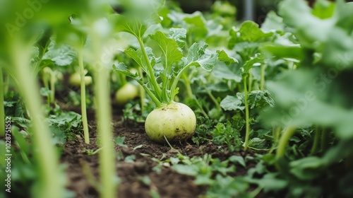 A vegetable with a bulbous stem, kohlrabi thrives among beautiful green leaves in gardens.