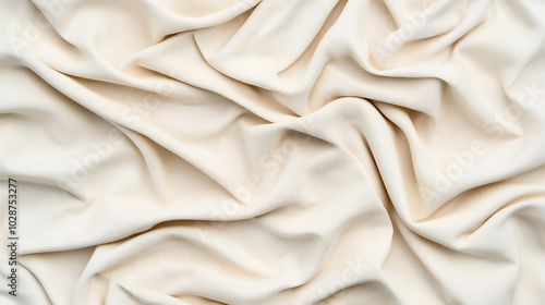 Close-up view of softly crumpled beige fabric with textured surface and organic folds creating a naturally flowing pattern.