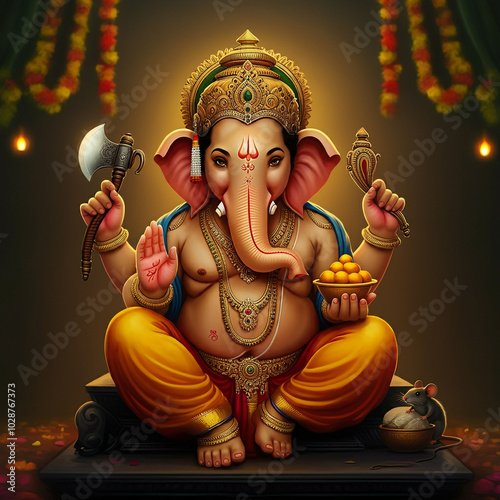 Lord Ganesha in a traditional pose, holding symbols of wisdom and prosperity, surrounded by lights and decorations