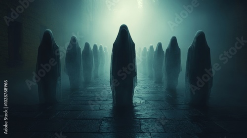 A group of people dressed in black robes are standing in a dark hallway