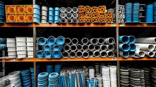 Shelves stocked with various pipes and fittings in a warehouse.