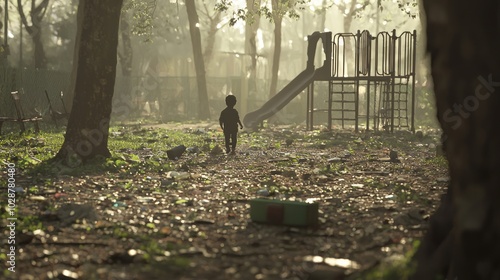 Forgotten Spaces: Child Playing in Polluted Park with Neglected Equipment in Cinematic Detail