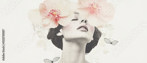 A woman with her eyes closed, adorned with flowers in her hair. Butterflies are positioned near her face. The composition is mostly in black and white, with subtle pink tones. Generative AI