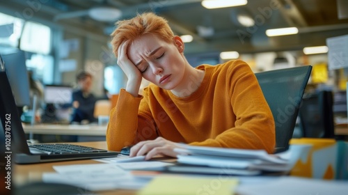 Young woman in an orange sweater looks exhausted at her desk in a busy office, AI