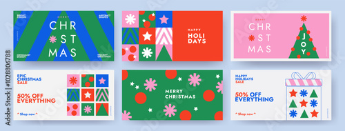 Merry Christmas holiday covers or horizontal posters, greeting cards in modern geometric style for web, branding, social media advertising, promo, print, sales. Trendy Xmas layout design templates