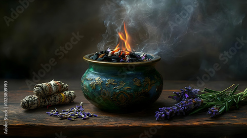 A decorative incense burner with smoke and lavender.