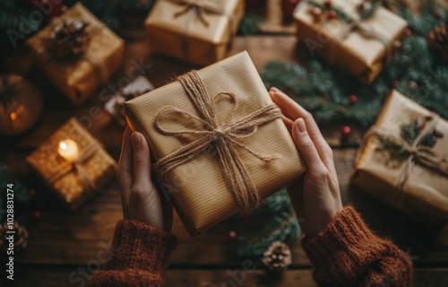 Hands holding a wrapped gift surrounded by holiday decorations and presents in a cozy setting