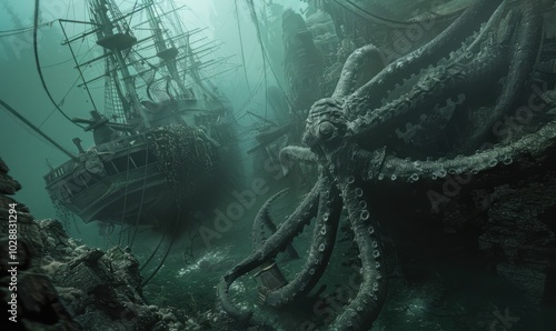 Ancient shipwreck entangled in the grasp of the kraken's tentacle, 4K hyperrealistic photo