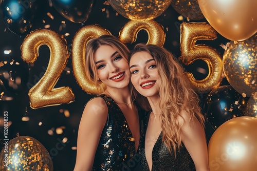 Two beautiful women celebrating the New Year's Eve Party, with large foil ballons 2025 behind them. confetti flying everywhere