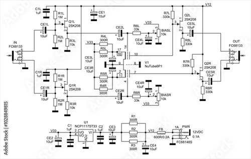 Schematic diagram of analog electronic device on paper sheet. Vector drawing electrical circuit with switch, capacitor, resistor, transistor, connector, other components.