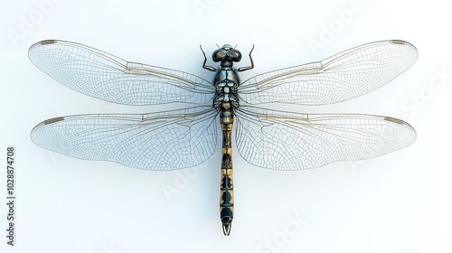 Detailed Dragonfly with Transparent Wings on White Background