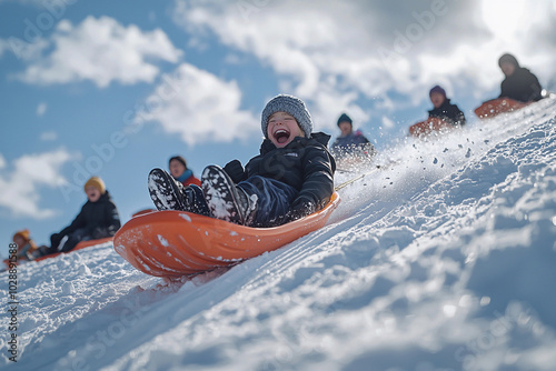 Joyful child sledding down a snowy hill on a bright winter day