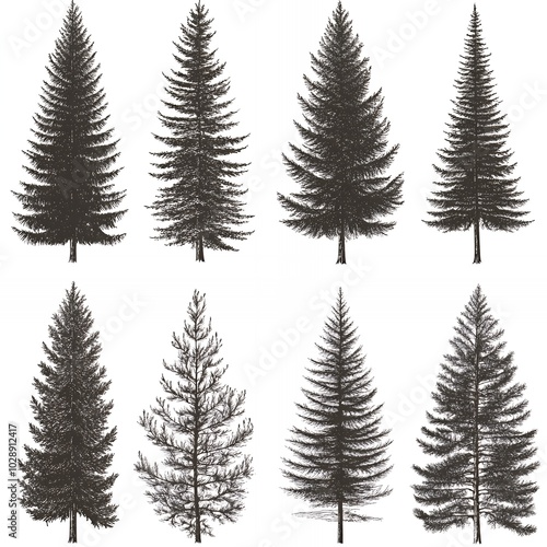 Hand drawn sketches of eight different pine trees.