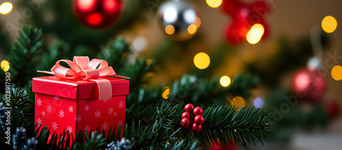 red gift box on a christmas tree