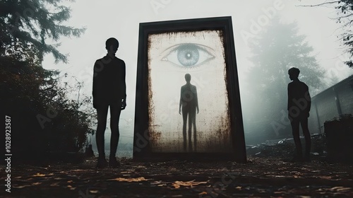 Un llamativo y brillante ojo azul brilla sobre un fondo oscuro y gris, atrayendo la atención de inmediato. En las sombras, dos figuras están de pie, parcialmente ocultas, agregando un aire de misterio