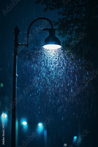 Street lamp under the rain in the city at night