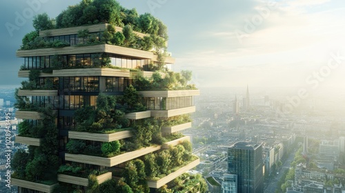 An ultra-modern eco-building crafted from recycled wood and glass. The sustainable office tower incorporates vertical forests and overlooks a bustling urban area.