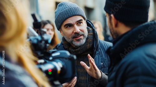 A filmmaker discusses ideas with a crew member on location, showcasing collaboration and creative dialogue in the film production process.