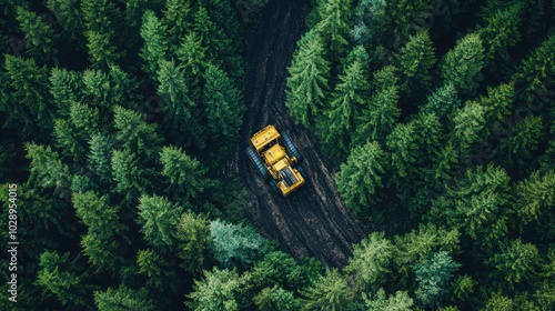 An aerial view of a yellow tractor driving through a dense forest. The tractor leaves behind a trail of mud and tire tracks in the dirt road.