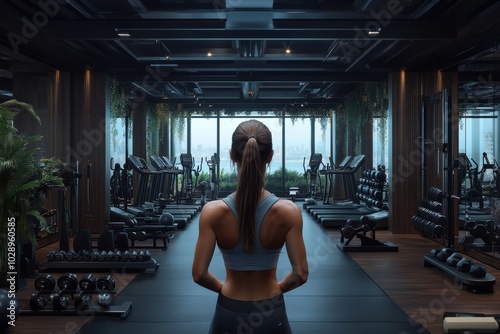 View of a spacious gym with modern equipment overlooking a cityscape, featuring a woman with a toned back observing the gym environment from the center.