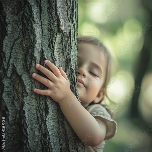 Nature lover close up of child hands hugging tree with copy space.