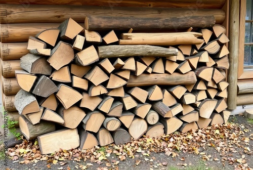 _. Firewood Stack Neatly piled logs are ready for winter, stacke