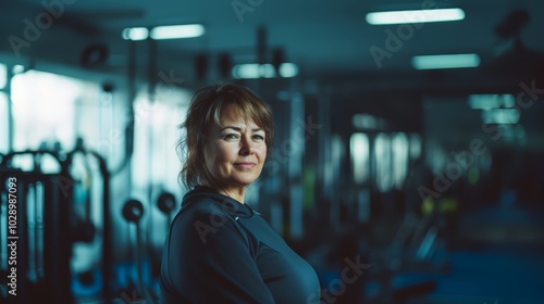 Overweight person starts exercising concept. A happy plump European woman at the gym ready to work out