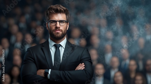 A confident leader standing in front of a large audience, skillfully using praise and flattery to gain their support, with the audience members showing mixed emotions of agreement and admiration 