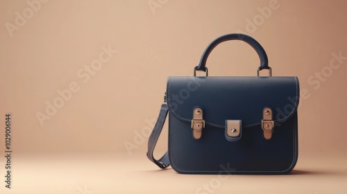 Navy blue satchel on a soft beige background, sleek and professional.