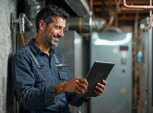 Happy homeowner plumber, HVAC technician, man using a tablet phone in a basement by water heater, burner, duct work. DIY repair or install, happy with work done, quote